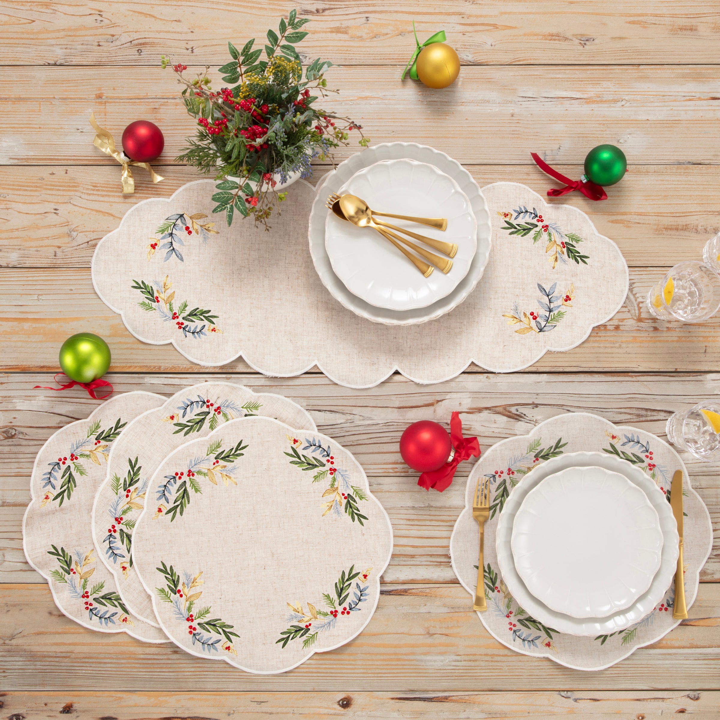 French Perle Holly Embroidered Placemats, Set of 4