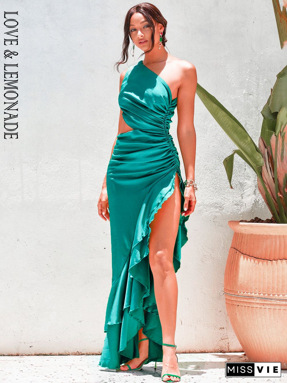 LOVE&LEMONADE Sexy Emerald Green Off-Shoulder Cut-Out Split Ruffled Reflective Satin Party Maxi Dress LM82202-A