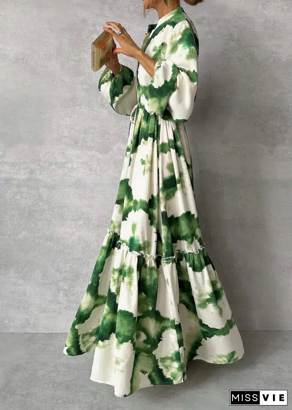 Green Long Sleeve V-Neck Maxi Dress