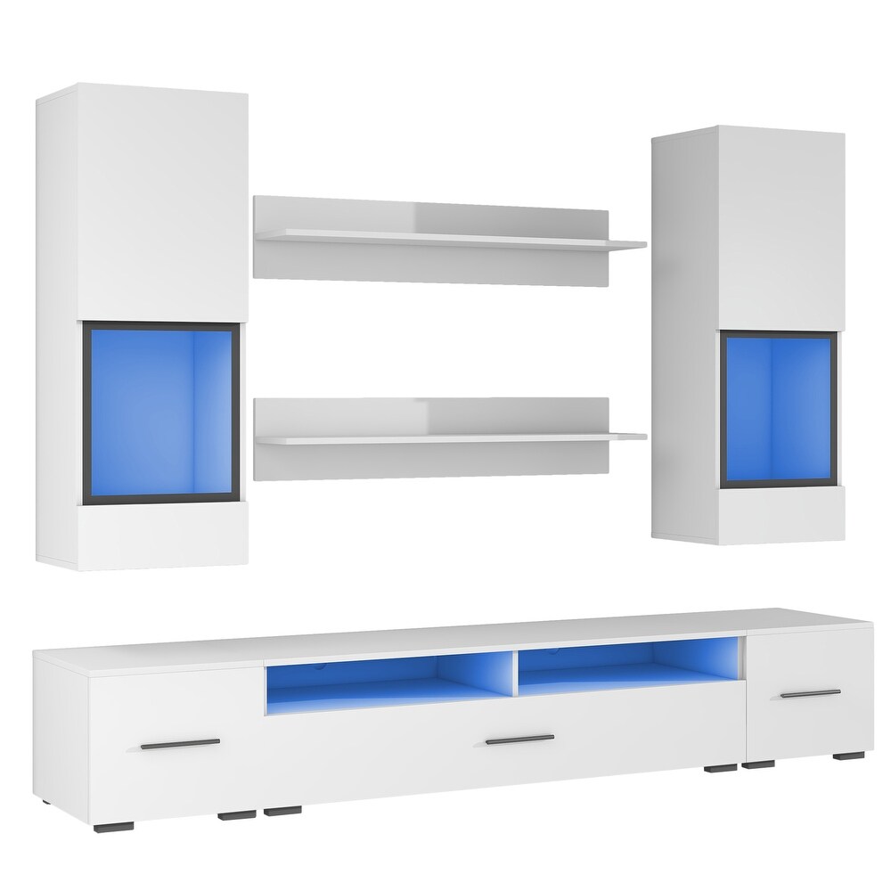 Modern TV Stand with LED Light 7 Pieces Floating TV Stand Set High Gloss Wall Mounted Entertainment Center for 90\