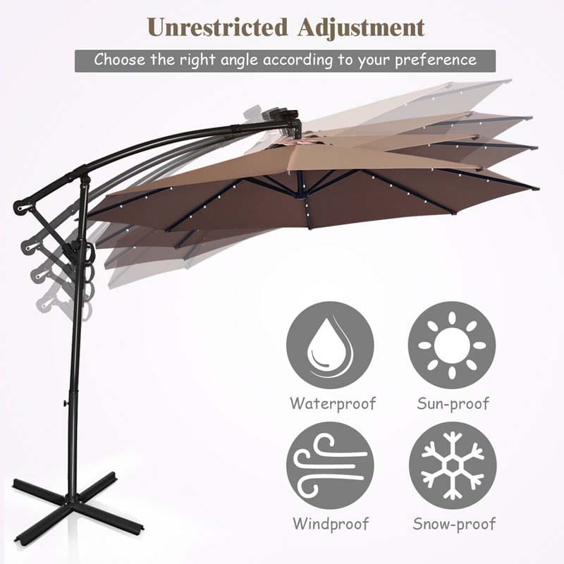 10 FT Patio Offset Umbrella with Solar Lights 360° Rotation Outdoor Market Umbrella with Crank Handle & Cross Base