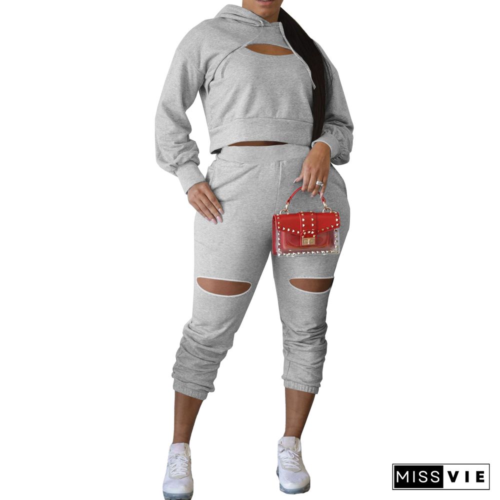 Cut Out Hoodies Sweatshirt Pencil Pants Two Piece Set