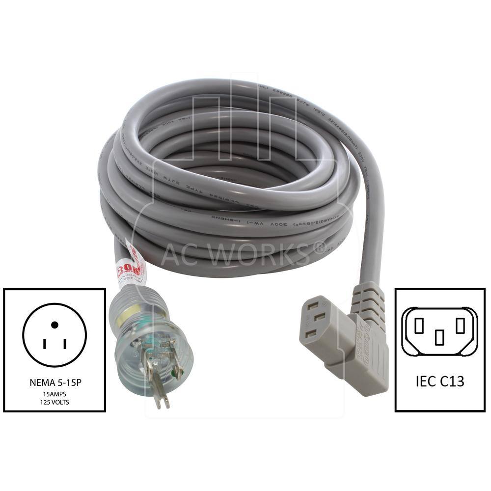 AC WORKS 20 ft. 143 15A Medical Grade Power Cord with Right Angle IEC C13 Connector MD15ARC13-240