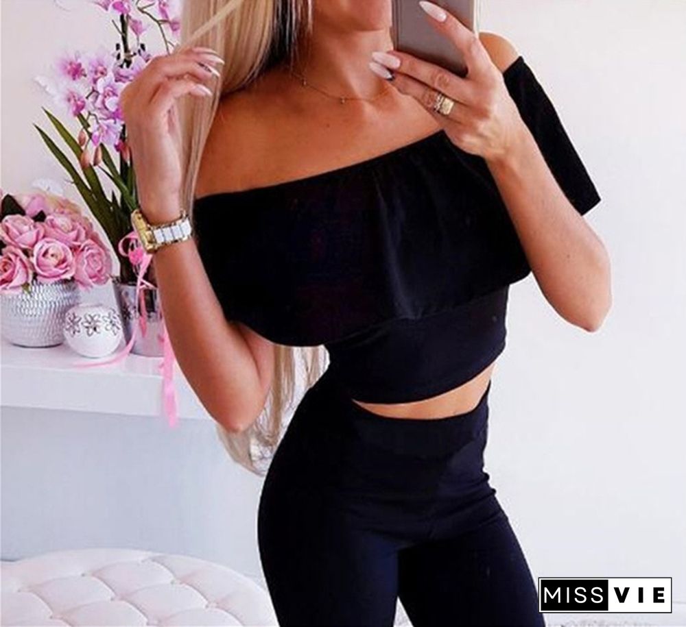 Fashion Women Ruffles Off The Shoulder Top And Skinny Long Pants Two-Piece Suits Summer Casual Outfits