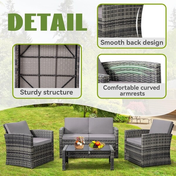 4 Pieces Patio Conversation Set，Outside Rattan Sectional Sofa，Cushioned Furniture Set，Wicker Sofa for Garden Rattan and Cushion