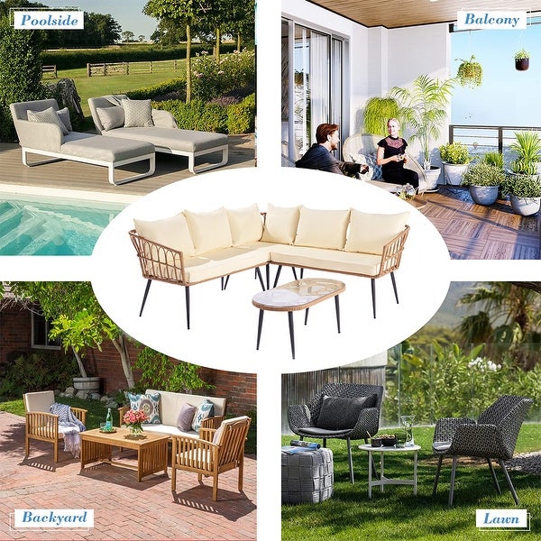 4-Piece Patio Furniture Set， Outdoor Wicker L-Shaped Sectional Set - 44.8”Wx44.8“Lx28.8”H - Overstock - 37567217