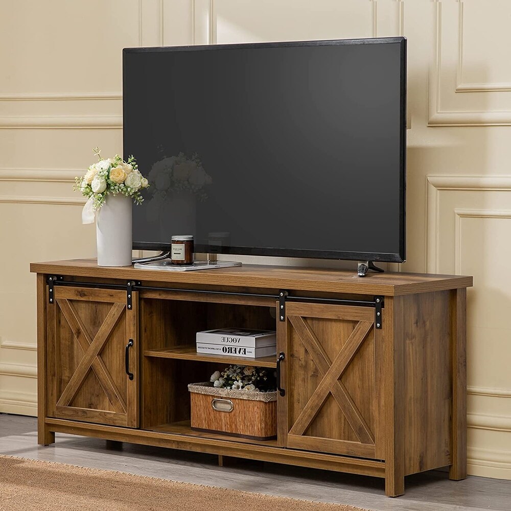 Modern Farmhouse TV Stand with Sliding Barn Doors  Media Entertainment Center Console Table for TVs up to 65\\u201D