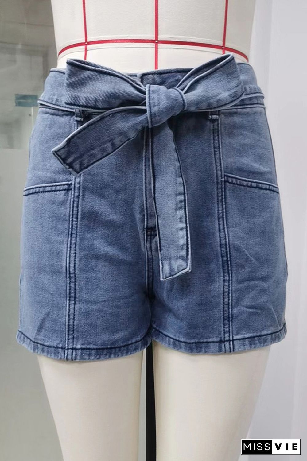 Blue Wash Pockets Denim Shorts With Sash