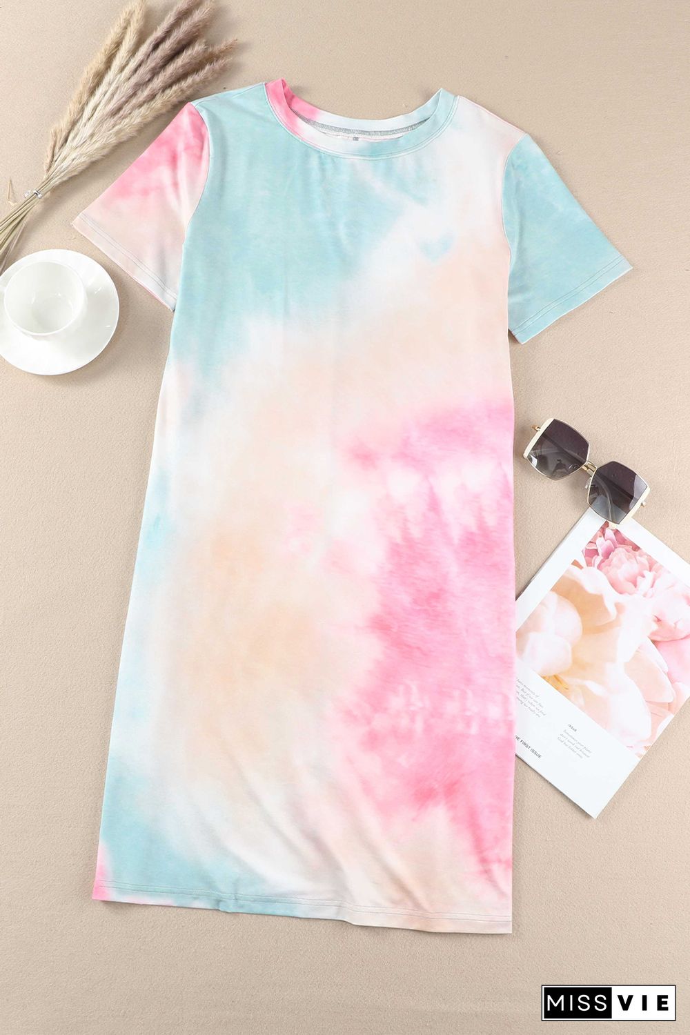 Multicolor Tie Dye Oversized Slit Tee Dress