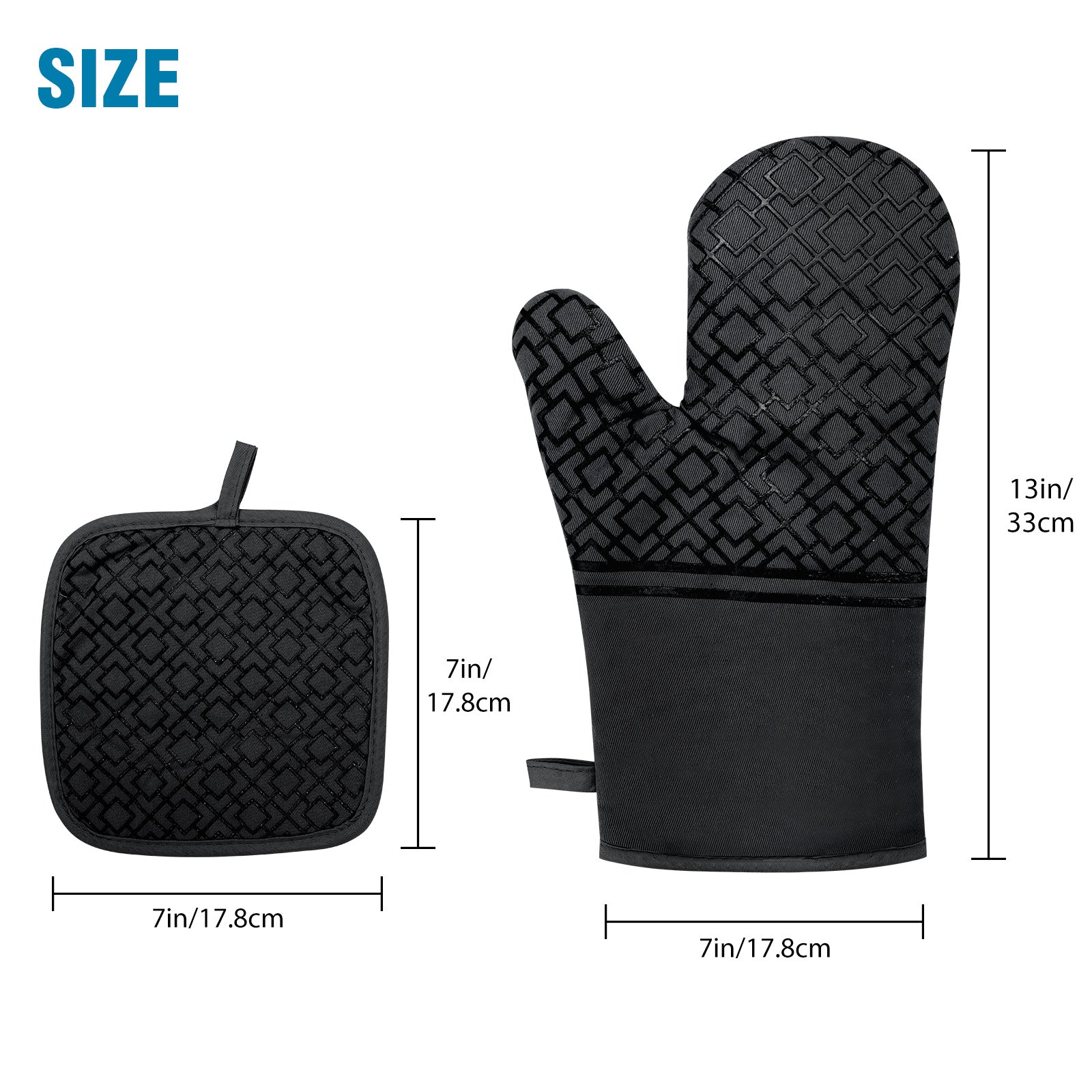 4pcs Oven Mitt and Pot Holder Set， EEEkit 500°F Heat Resistant Non-Slip Silicone Kitchen Oven Glove and Hot Pad Set for Cooking Baking， Black