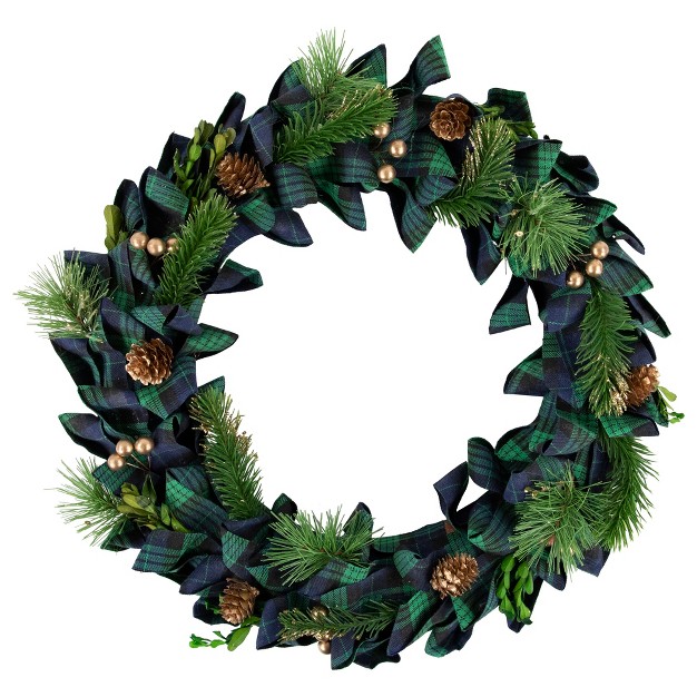 Northlight Blue And Green Plaid Bow Artificial Pine Christmas Wreath 17 75 inch Unlit