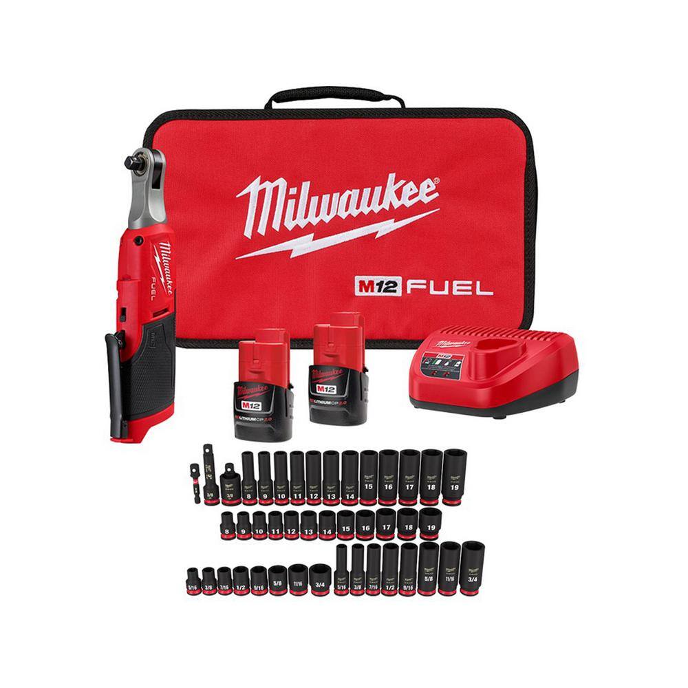 MW M12 FUEL 12V Cordless High Speed 38 in. Ratchet Kit with 38 in. Drive SAE and Metric Impact Socket Set (43-Piece) 2567-22-49-66-7009