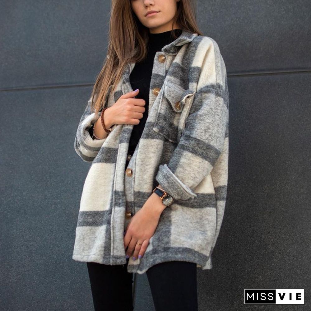 Long Sleeve Lapel Loose Plaid Casual Jacket