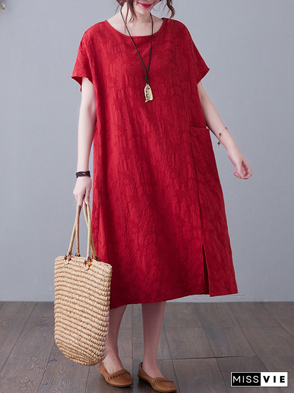 Original Solid Jacquard Short Sleeve Midi Dress