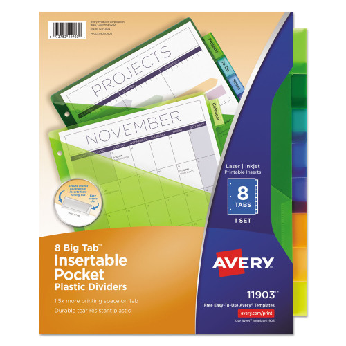 Avery Insertable Big Tab Plastic 1-Pocket Dividers， 8-Tab， 11.13 x 9.25， Assorted， 1 Set (11903)