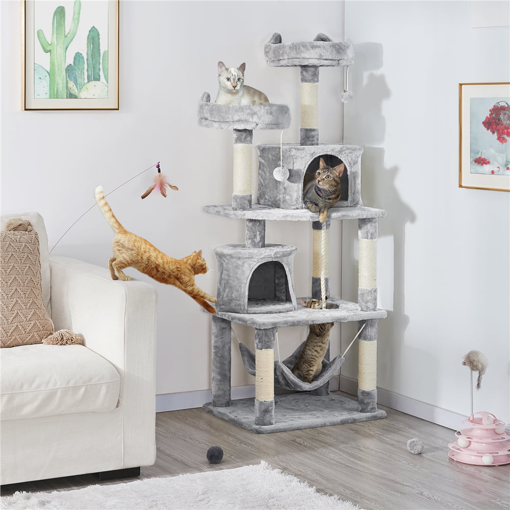 Topeakmart 62.2'' Multi Level Cat Tree Scratching Post Tower with 2 Condos and 2 Foam-Padded Perches and Fur Ball， Light Gray