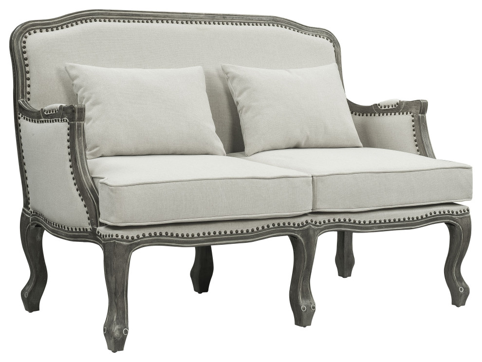 ACME Tania Loveseat w/2 Pillows in Cream Linen  ampBrown Finish   French Country   Loveseats   by Homesquare  Houzz