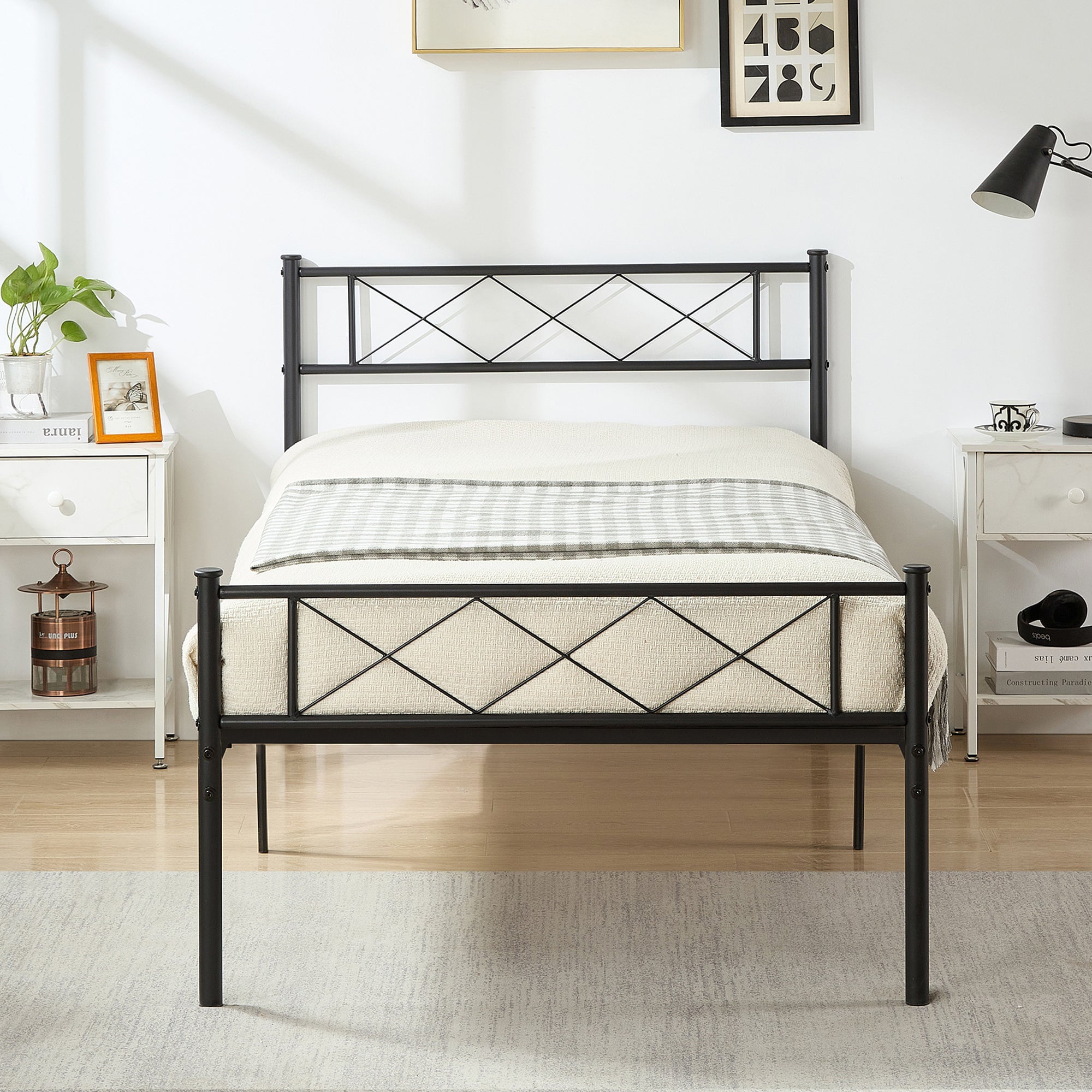 VECELO Metal Bed Frame with Headboard, Modern X-Design Platform Bed Heavy Duty Slat Support, Easy Assemly, Twin Size, Black