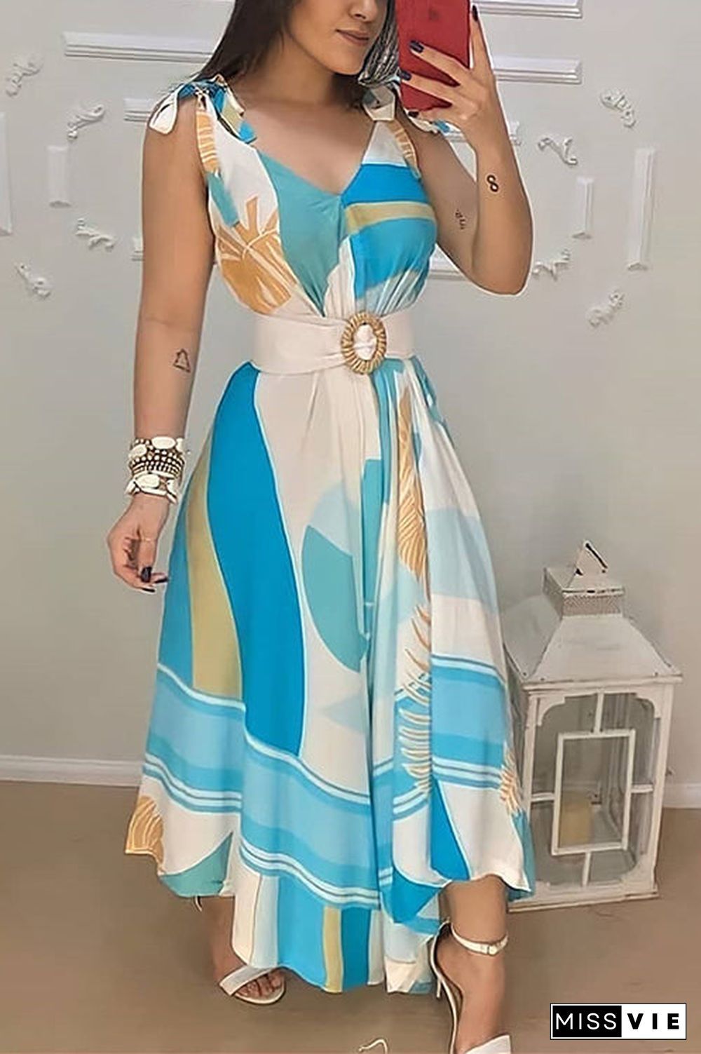 Print V Neck Tie Shoulder Maxi Dress With Belt