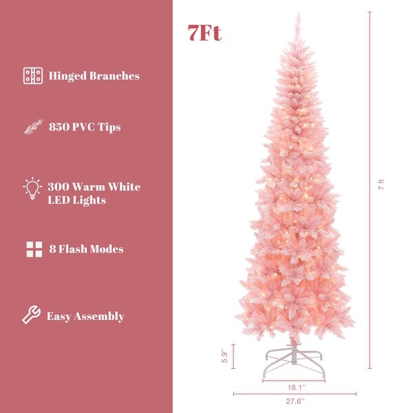 7Ft PreLit Pink Slim Hinged Artificial Christmas Tree with 8 Lighting Modes