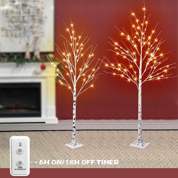 2Pcs 5and6Ft Lighted Birch Tree，Prelit Artificial Twig Tree，Lights with Dimmable and Timer，LED Tree for Yard Xmas Decor