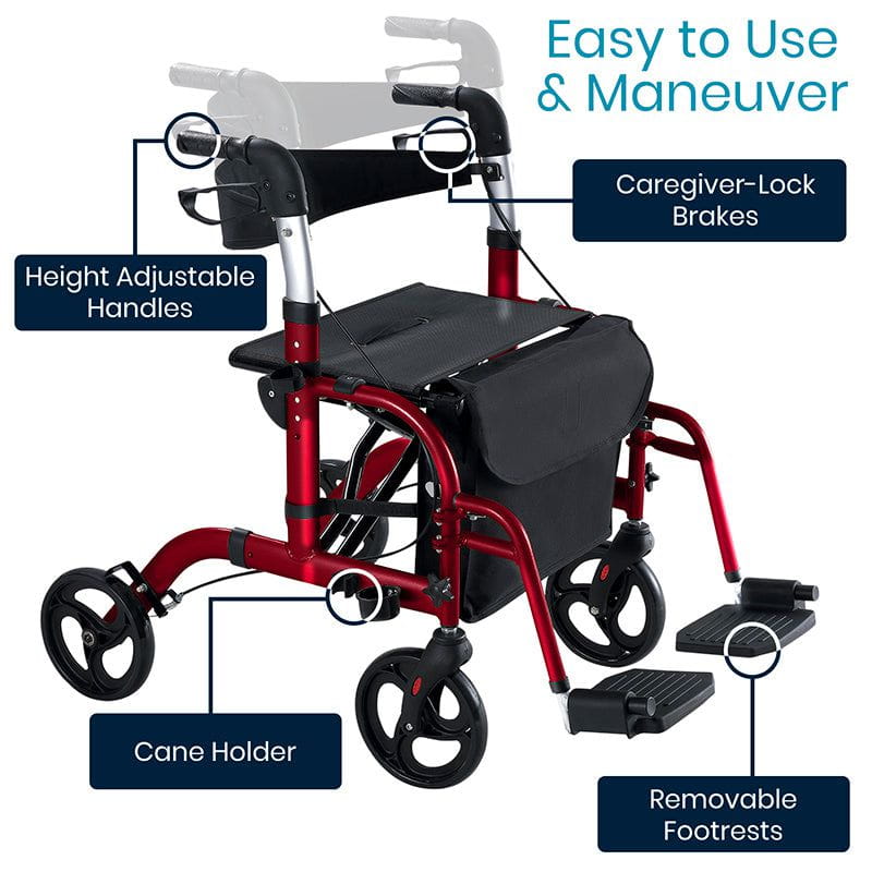 Vive Health Lightweight Folding Wheelchair Rollator - Height Adjustable, 300Lbs Weight Capacity, w/ Storage Bag