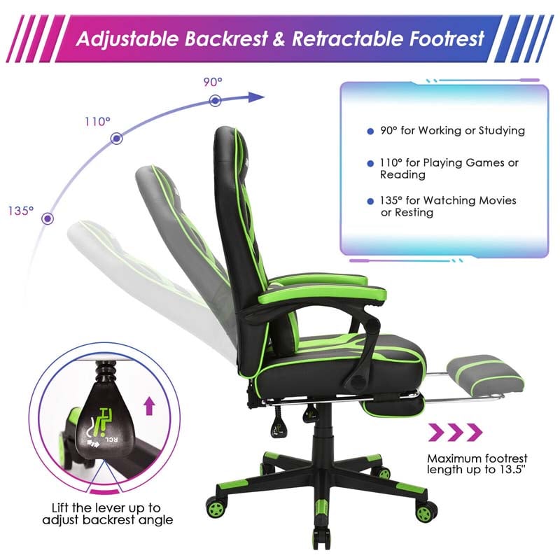 Massage Gaming Chair, Swivel Office Recliner, Adjustable Racing Computer Chair with Lumbar Support, Headrest & Retractable Footrest