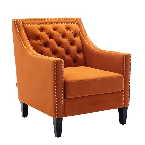 Velvet Upholstered accent living room armchair with nailheads and solid wood legs