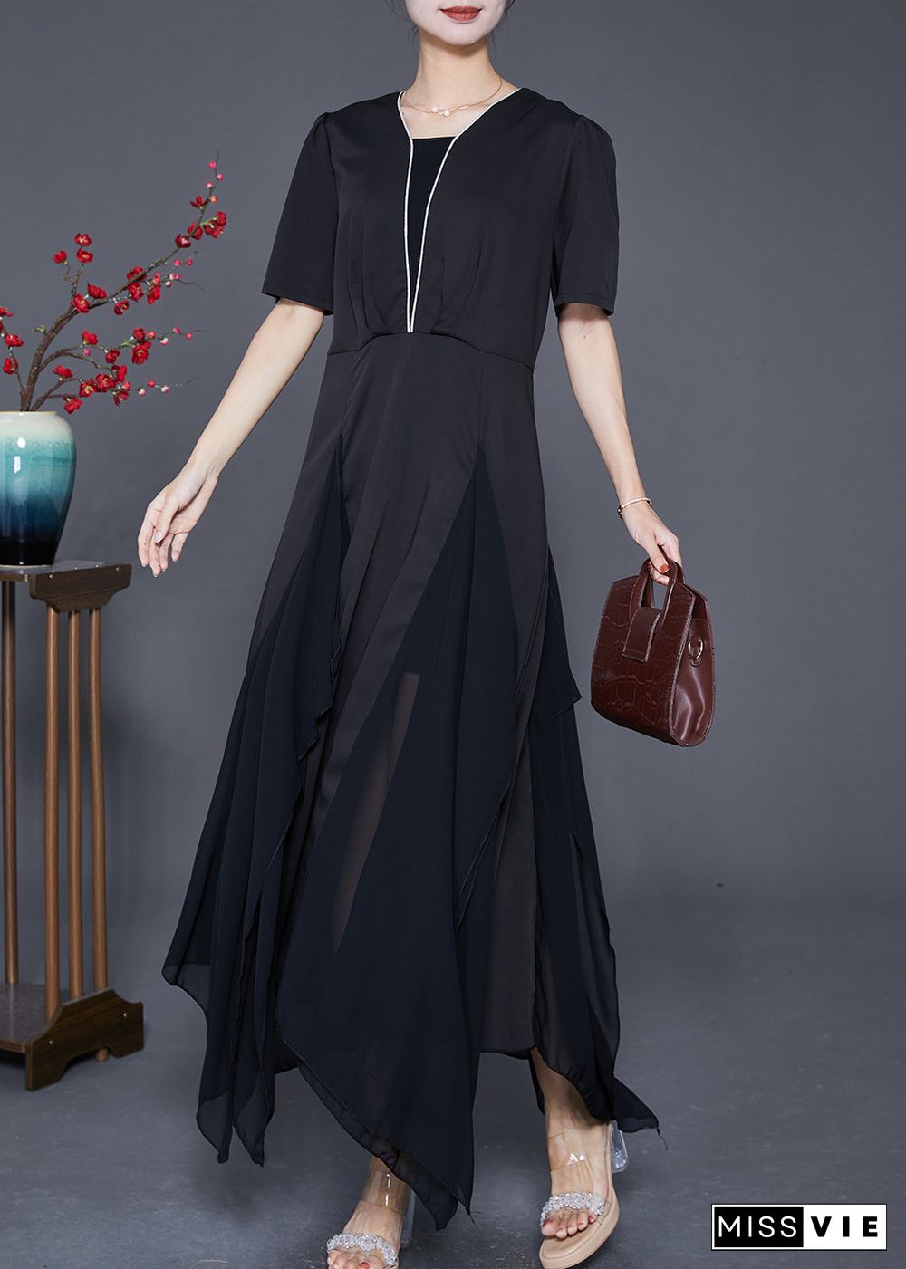 Style Black Asymmetrical Patchwork Exra Large Hem Chiffon Dress Summer