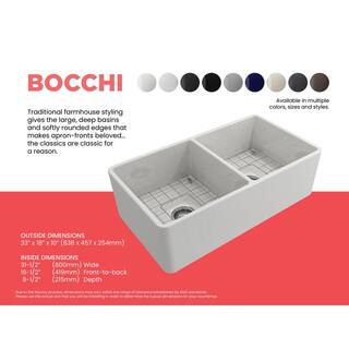 BOCCHI Classico Farmhouse Apron Front Fireclay 33 in. Double Bowl Kitchen Sink with Bottom Grid and Strainer in White 1139-001-0120