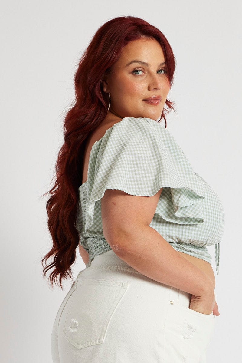 Green Check Crop Top Short Sleeve Cut Out
