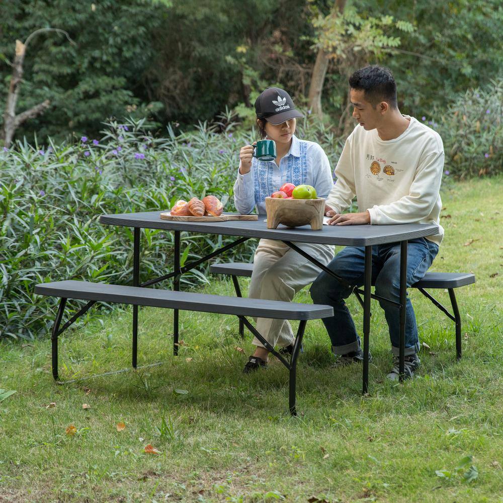 Gardenised Woodgrain Plastic and Steel Gray Outdoor Foldable Portable Picnic Table Set QI003910GY