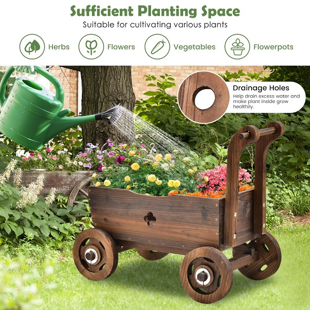 Decorative Wagon Cart Plant Flower Pot Stand Wooden Raised Garden Planter Box