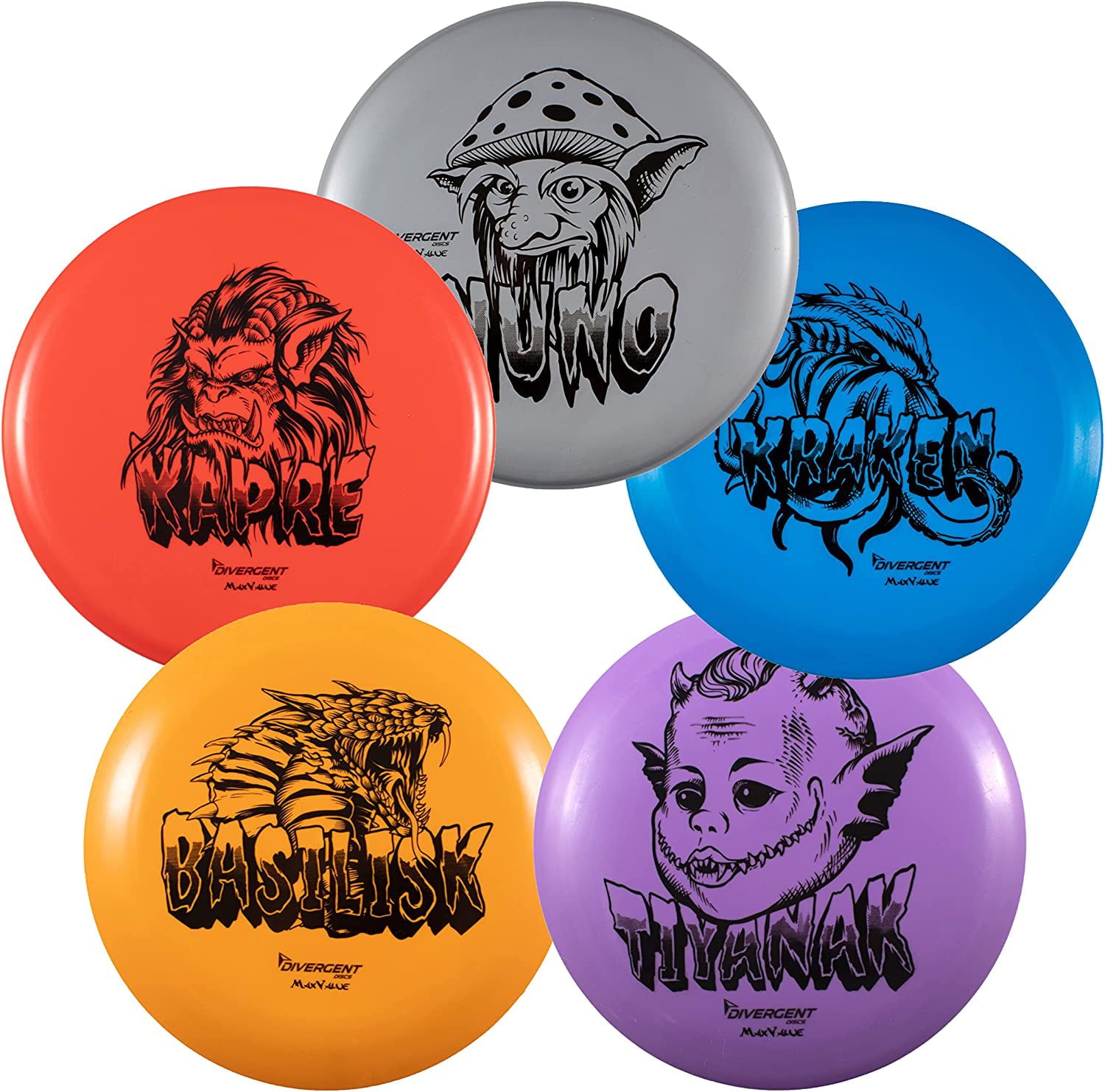 Divergent Discs 5-Disc Beginner Disc Golf Starter Set - Putter, Midrange Disc, 2 Fairway Driver Discs, Distance Disc Golf Driver, and Mini Disc for Disc Golf Beginners