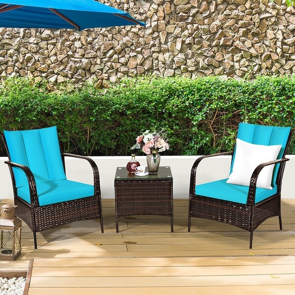 Costway 3 PCS Patio Wicker Rattan Furniture Set Coffee Table and 2