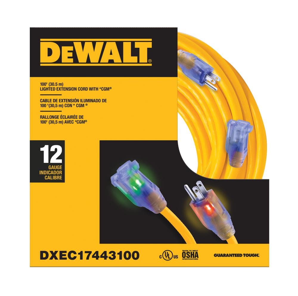 100' 12/3 SJTW Lighted DeWalt Ext Cord