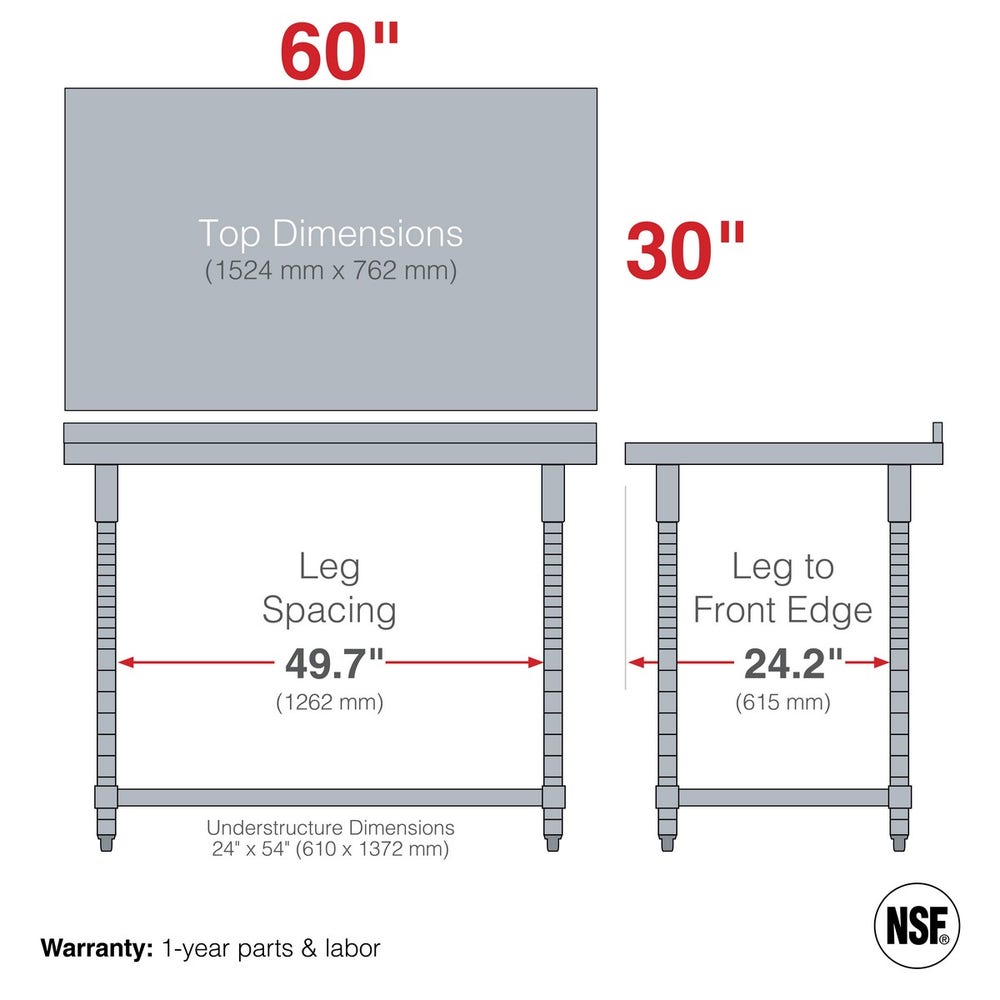 Metro TWS3060SU-304B-K TableWorx Stationary Stainless Steel Work Table with Open 3-Sided Frame and Backsplash， 30