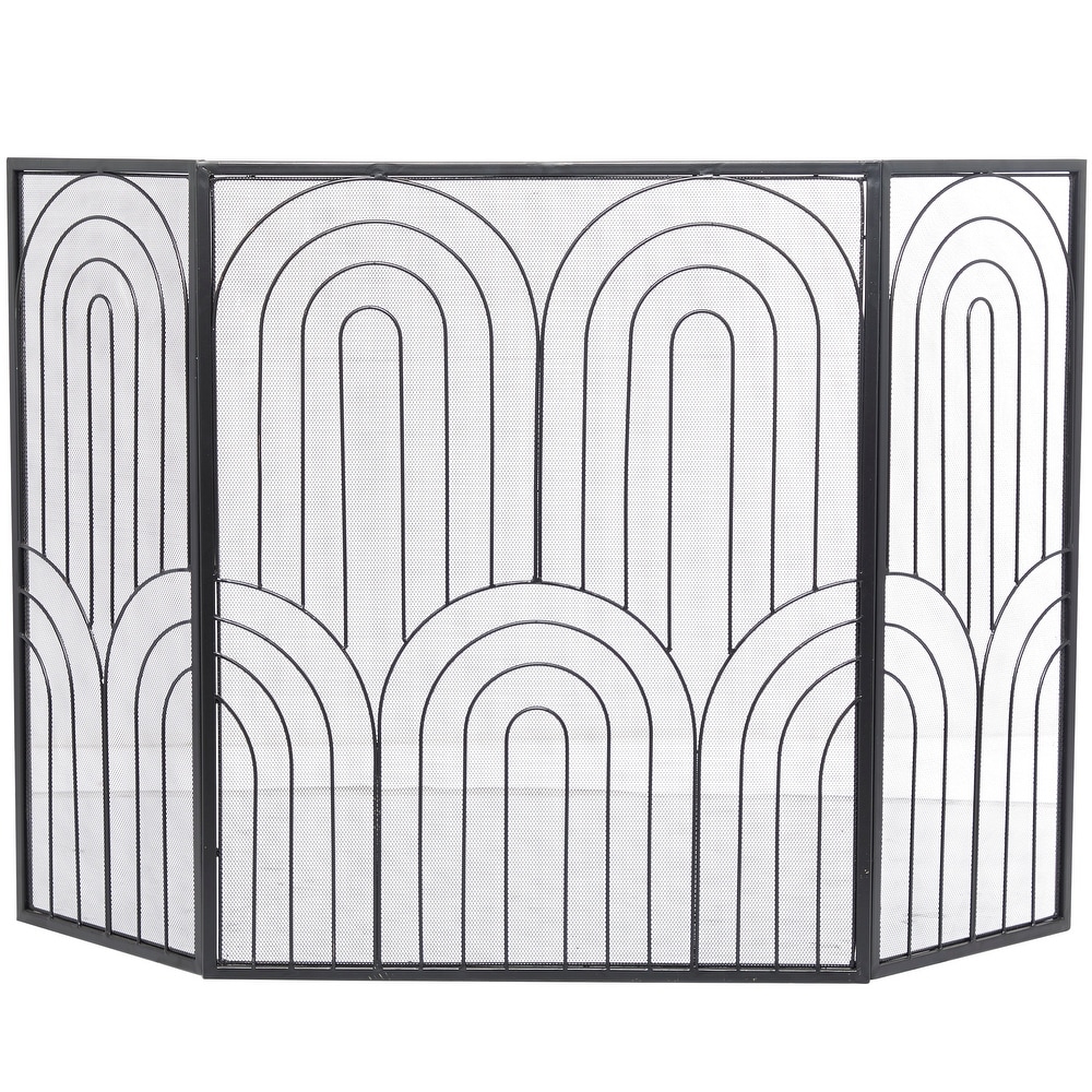 The Novogratz Black Metal Art Deco Inspired Foldable 3 Panel Geometric Fireplace Screen with Mesh Netting