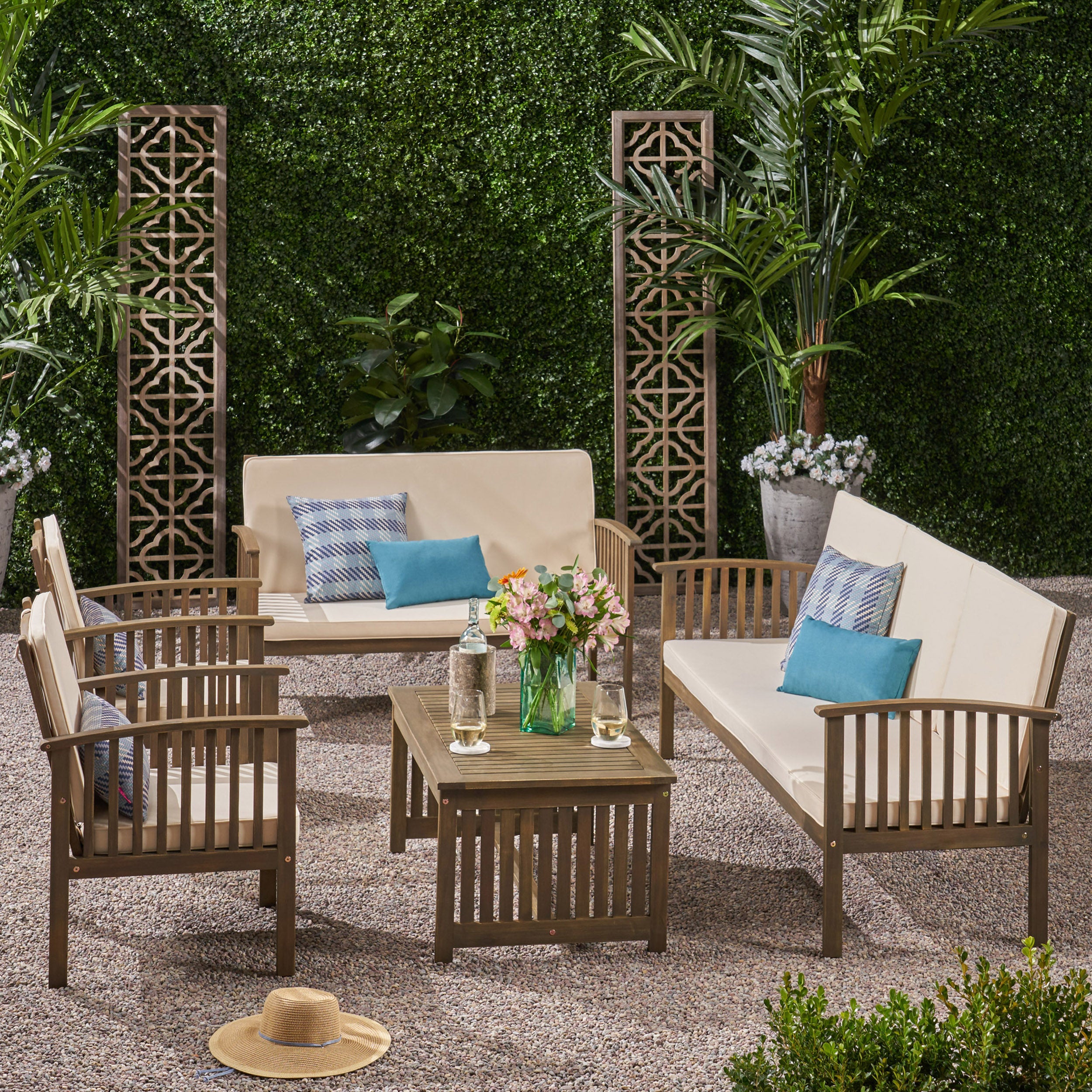 Simona Outdoor 5 Piece Acacia Wood Conversational Set