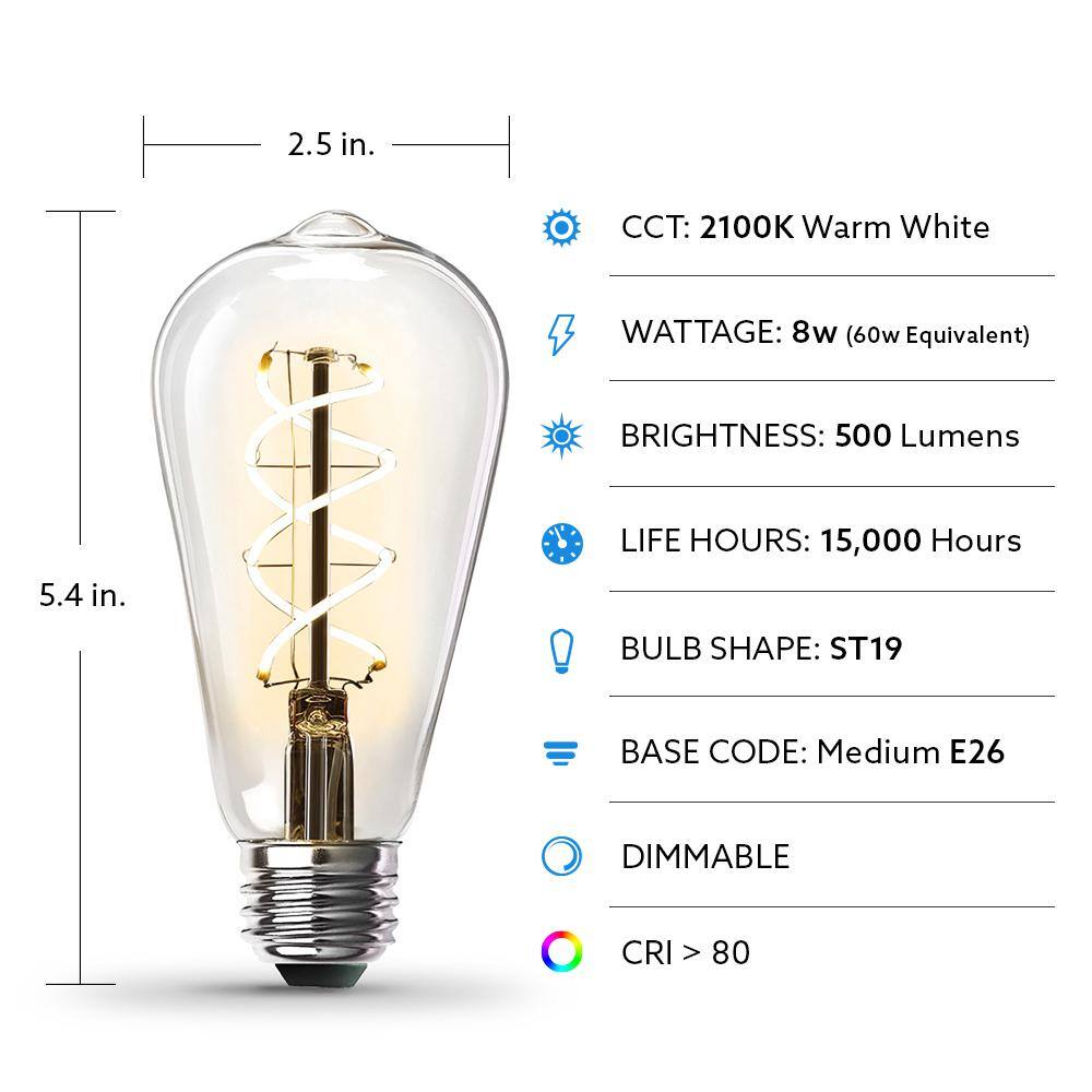 Feit Electric 60-Watt Equivalent ST19 Dimmable Spiral Filament Clear Glass E26 Vintage Edison LED Light Bulb Warm White ST1960SCLLEDHDRP