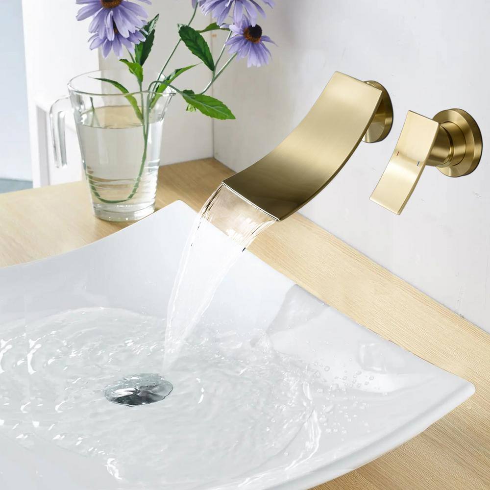 Satico Single Handle Widespread Wall Mount Bathroom Faucet with Waterfall in Brushed gold JSL8009