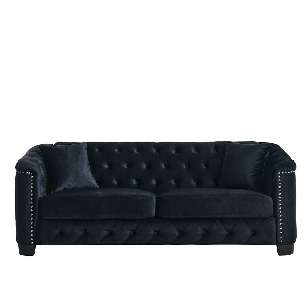 Button Tufted Backrest Sofa 3 Seater Velvet Upholstered Couch with Throw Pillows and Rubber Legs for Living Room Sofa