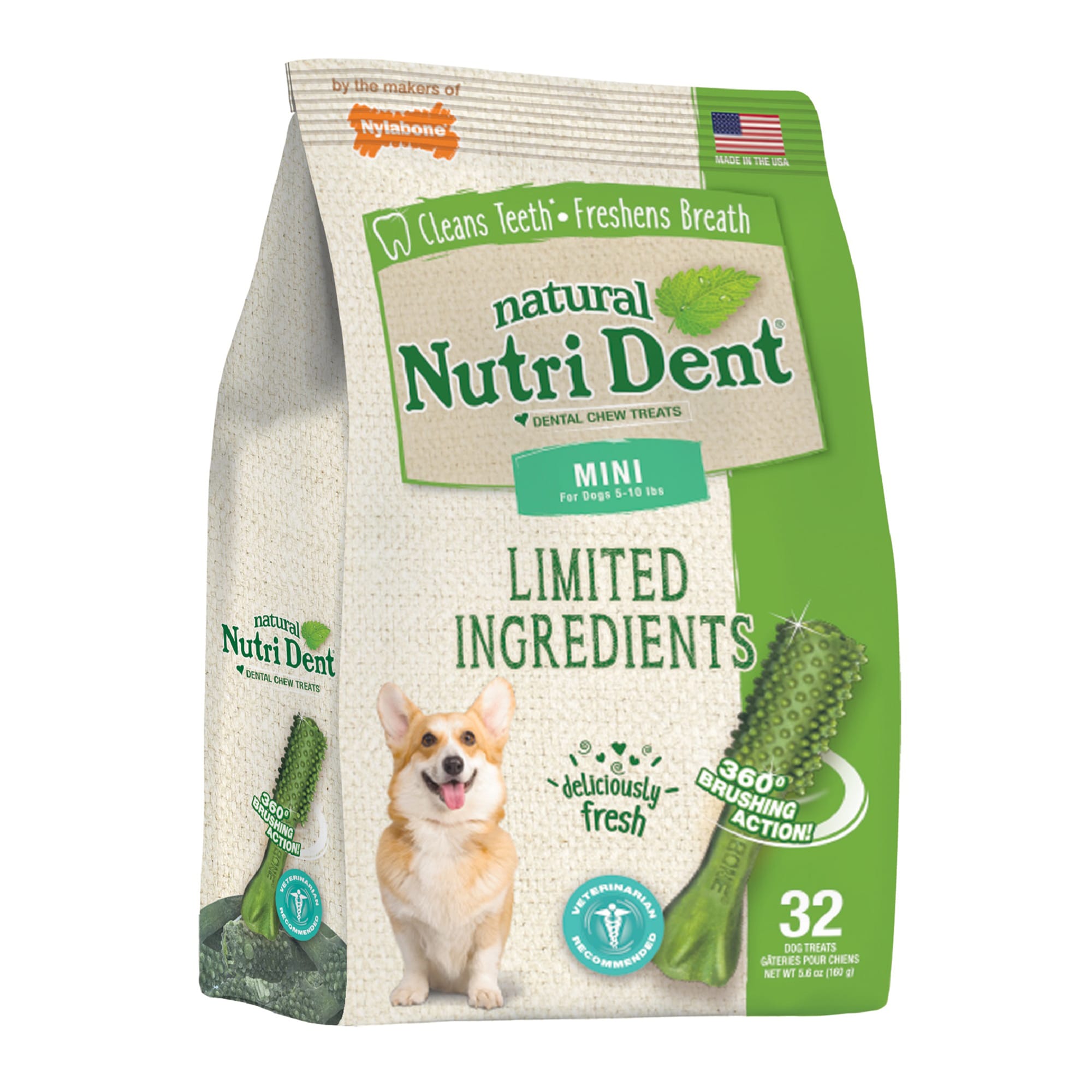 Nylabone Nutri Dent Limited Ingredients Mini Fresh Breath Dental Chews for Dogs， 5.6 oz.， Count of 32