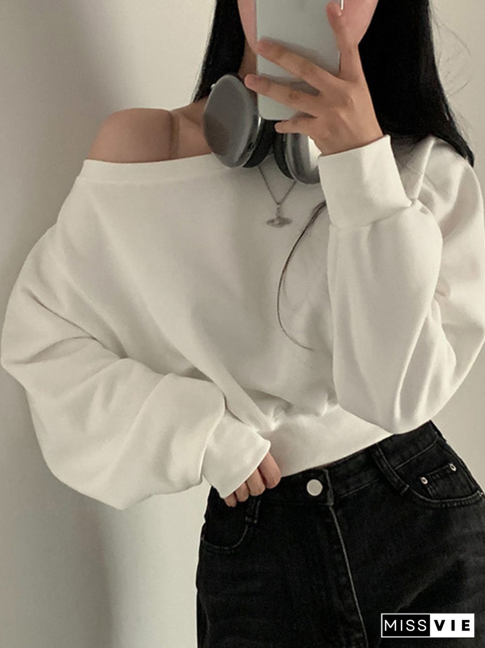 Solid One Shoulder Short Sweatshirt