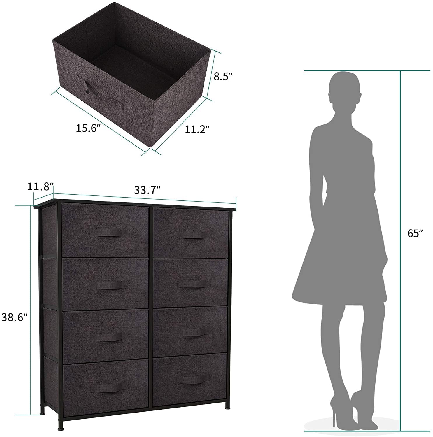 YITAHOME 8 Drawers Dresser Bedroom Bins Organizer High Storage Tower Furniture, Black Gray