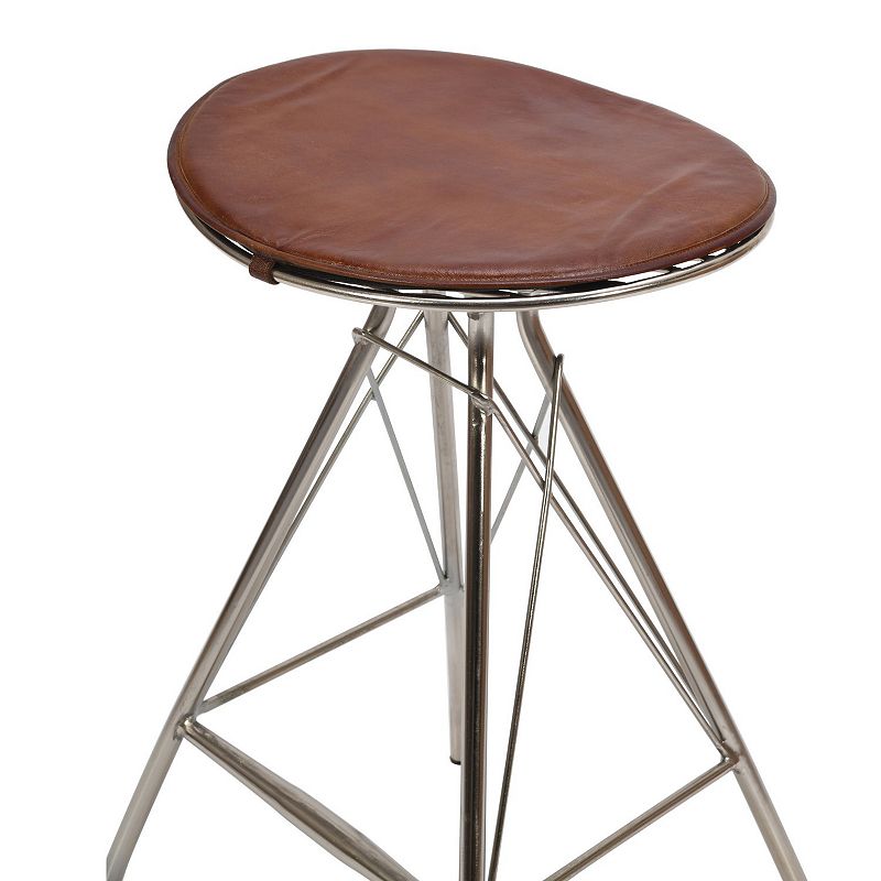 30 Inch Metal Frame Bar Stool， Round Genuine Leather Seat， Dark Brown， Silver