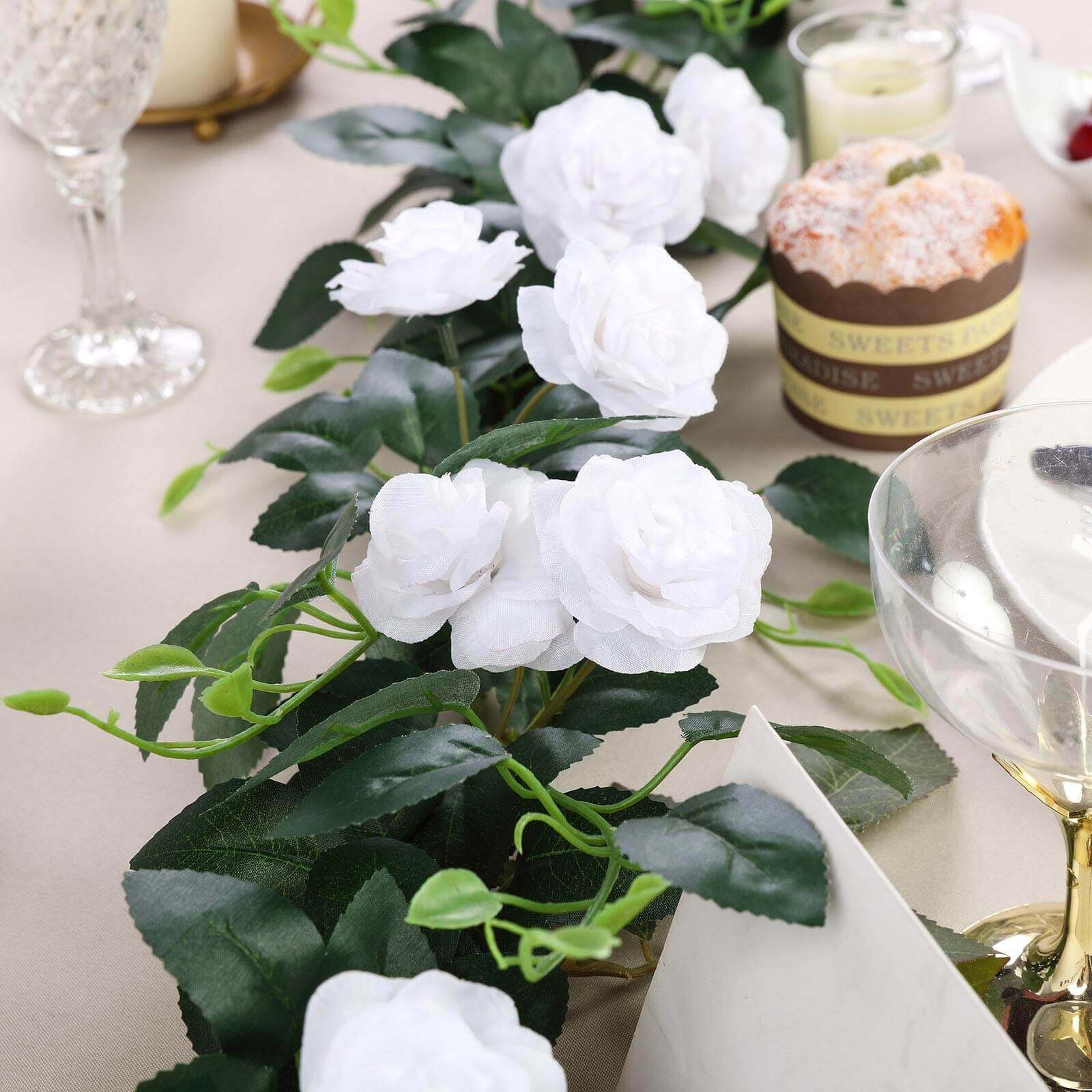 20 White Artificial Silk Roses Flower Garland, Hanging Vine 6ft