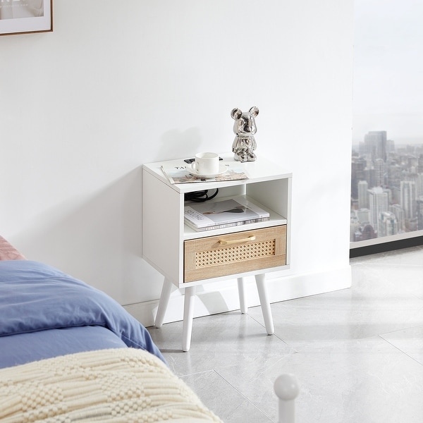 Modern Side table with Drawer and Solid Wood Legs，Rattan Nightstand with Power Outlet and USB Ports