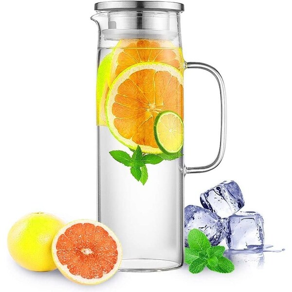 Glass Jug Water Carafe Made of Borosilicate Glass， 44 Oz - 1300 ML Glass Jug with Lid， Glass Jug for Cold and Hot Water