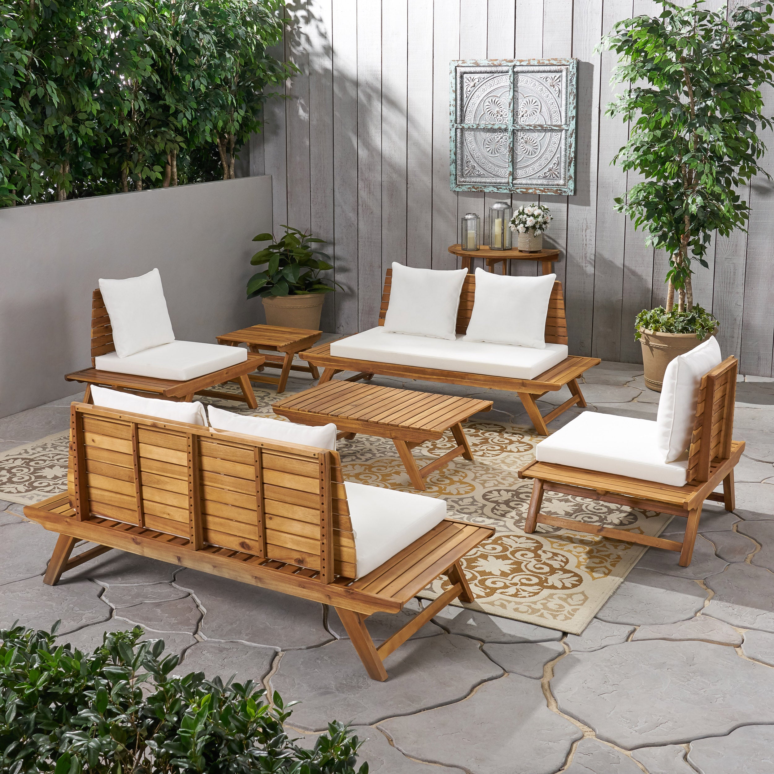 Kaiya Outdoor Acacia Wood 6 Seater Chat Set with Side Table and Coffee Table